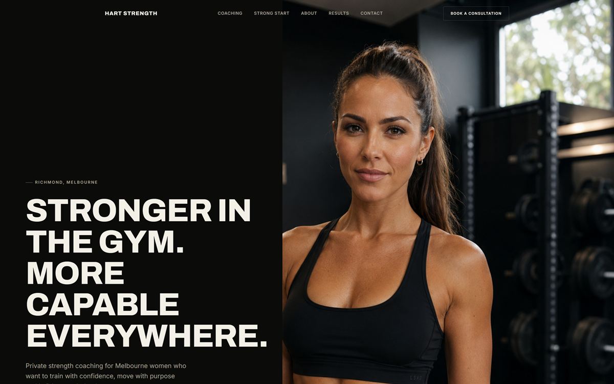 Hart Strength homepage hero with large display type beside a photograph of the coach in a gym.