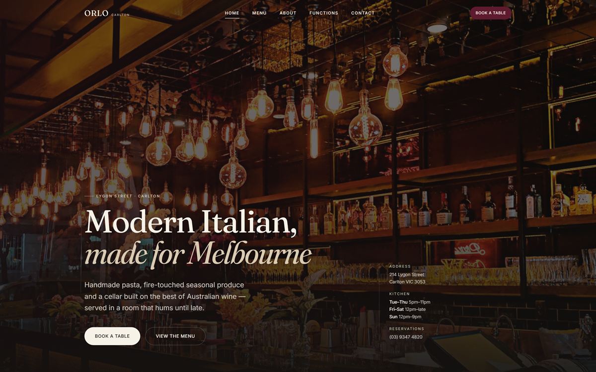 Orlo homepage hero over a photograph of the bar, with address, kitchen hours and reservations number beside it.
